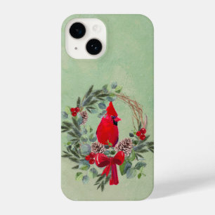 Watercolor Cardinal Bird Wreath Christmas iPhone 14 Case