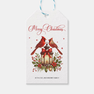 Watercolor Cardinal Birds on Christmas Lantern Gift Tags