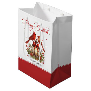 Watercolor Cardinal Birds on Christmas Lantern Medium Gift Bag