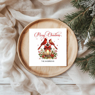 Watercolor Cardinal Birds on Christmas Lantern Napkin