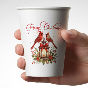 Watercolor Cardinal Birds on Christmas Lantern Paper Cups