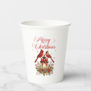 Watercolor Cardinal Birds on Christmas Lantern Paper Cups