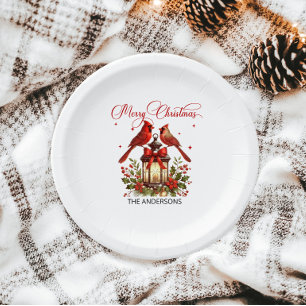 Watercolor Cardinal Birds on Christmas Lantern Paper Plate