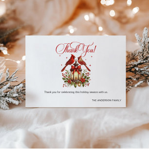 Watercolor Cardinal Birds on Christmas Lantern Thank You Card