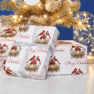 Watercolor Cardinal Birds on Christmas Lantern Wrapping Paper