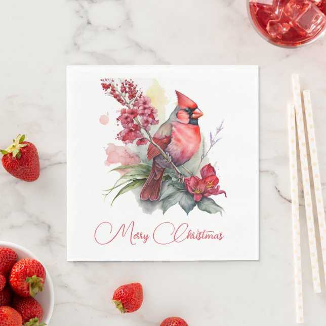 Watercolor Cardinal Christmas  Napkin (Insitu)