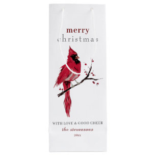 Watercolor Cardinal Christmas Wine Gift Bag