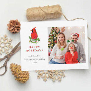 Watercolor Cardinal Family photo holiday greetings Card