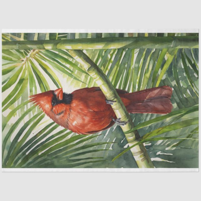 Watercolor Cardinal in a Palm Tree Decoupage Tissue Paper (Front)