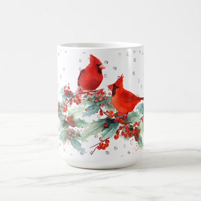 Watercolor Cardinal on Branches Silver Accents Coffee Mug (Center)