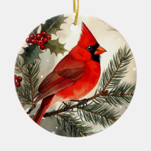 Watercolor Cardinal on Pine Branch Christmas Round Ceramic Tree Decoration
