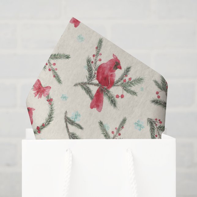 Watercolor Cardinal Pine Christmas Tissue Paper (Gift Bag)