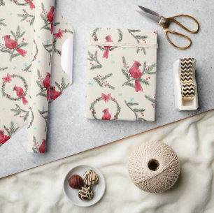 Watercolor Cardinal Pine Christmas Wrapping Paper
