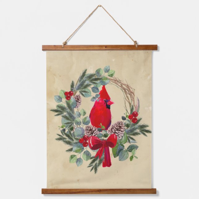 Watercolor Cardinal Red Bird Christmas Wreath  Hanging Tapestry (Front)