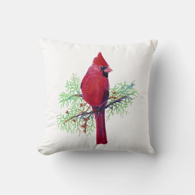 Watercolor Cardinal, Red Bird Cushion (Front)