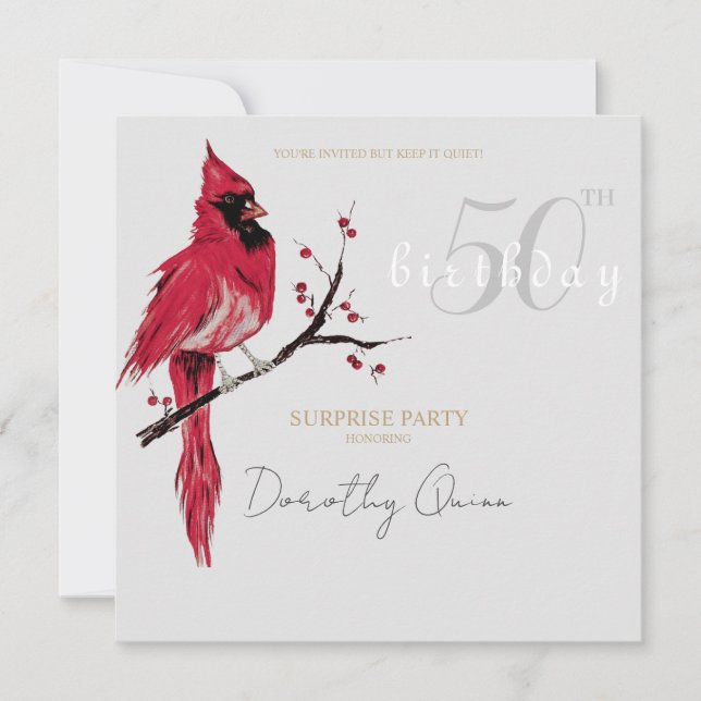Watercolor Cardinal Surprise Birthday Party Invitation (Front)