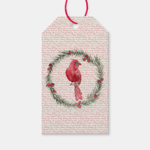 Watercolor Cardinal Wreath Christmas Gift Tags