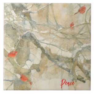 Watercolor Cardinals in the Snow Tile