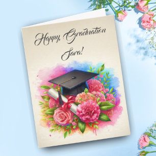 Watercolor Carnations & Roses With Graduation Cap Card