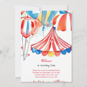 Watercolor Carnival Circus 1st Birthday Invitation