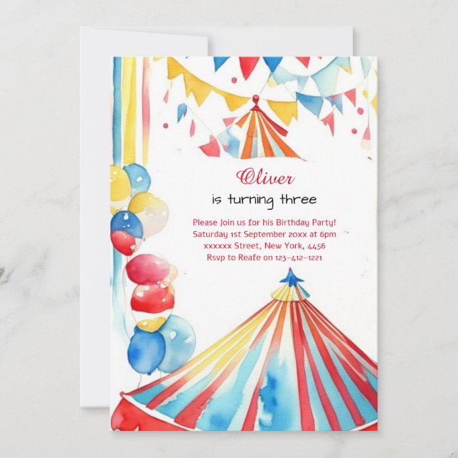 Watercolor Carnival Circus 1st Birthday Invitation (Front)