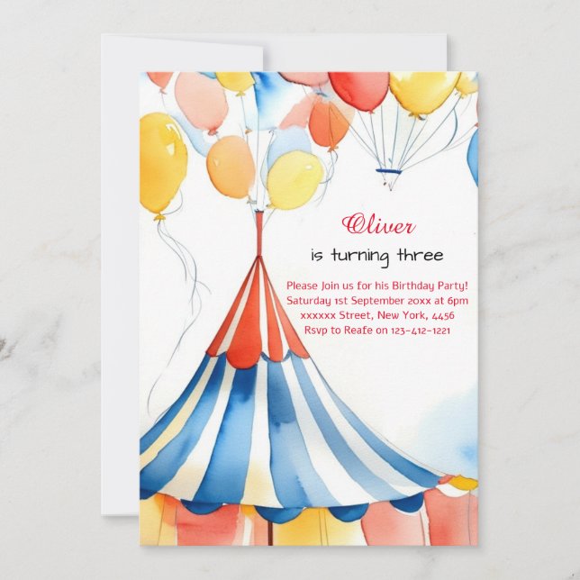 Watercolor Carnival Circus Birthday Invitation (Front)