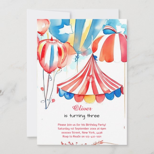 Watercolor Carnival Circus Birthday Invitation (Front)
