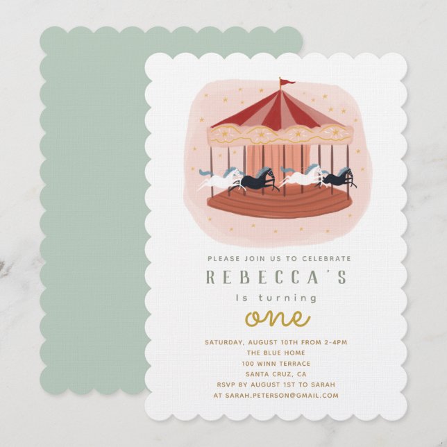 Watercolor Carousel First Birthday Invitation (Front/Back)