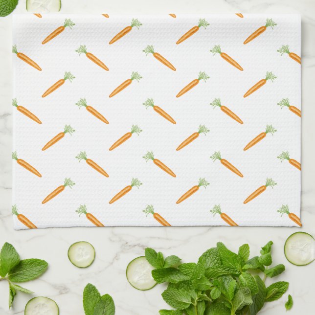 Watercolor Carrot Vegetable Pattern Tea Towel (Folded)