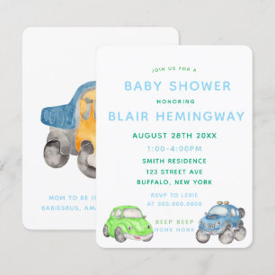 Watercolor Cars Boy Baby Shower Invitation