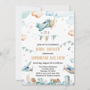 Watercolor Cartoon Aeroplanes Baby Shower Invitation