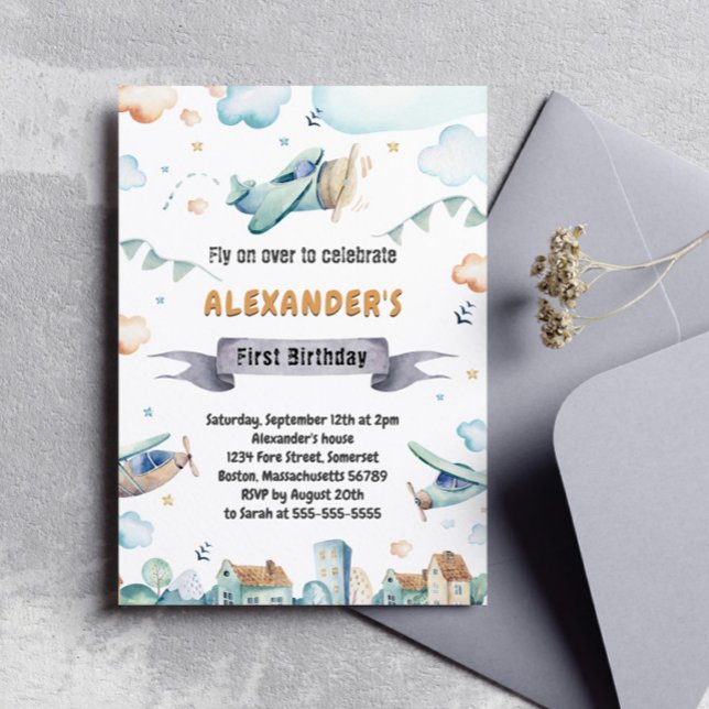Watercolor Cartoon Aeroplanes Kids Birthday Invita Invitation (Creator Uploaded)