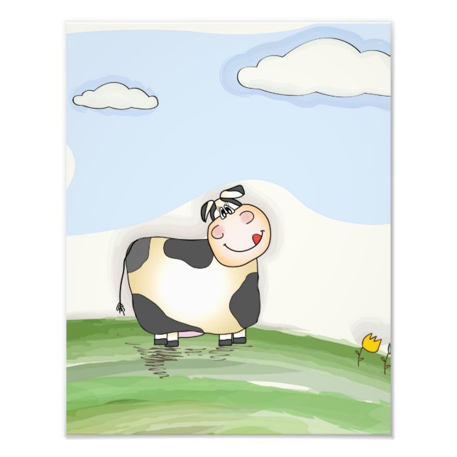 Watercolor Cartoon Cow Photo Print (Front)
