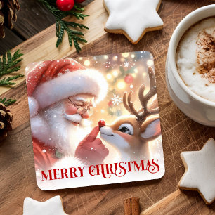 Watercolor Cartoon Santa and Rudolph Holiday Coast Square Paper Coaster