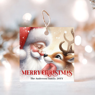 Watercolor Cartoon Santa and Rudolph Holiday Tags
