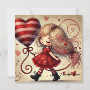 Watercolor cartoon Valentine girl with balloon Holiday Card