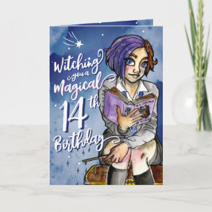 Watercolor Cartoon Witch Magical 14th Birthday Card