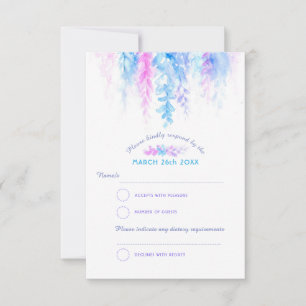 Watercolor cascade blue purple wedding RSVP reply Card