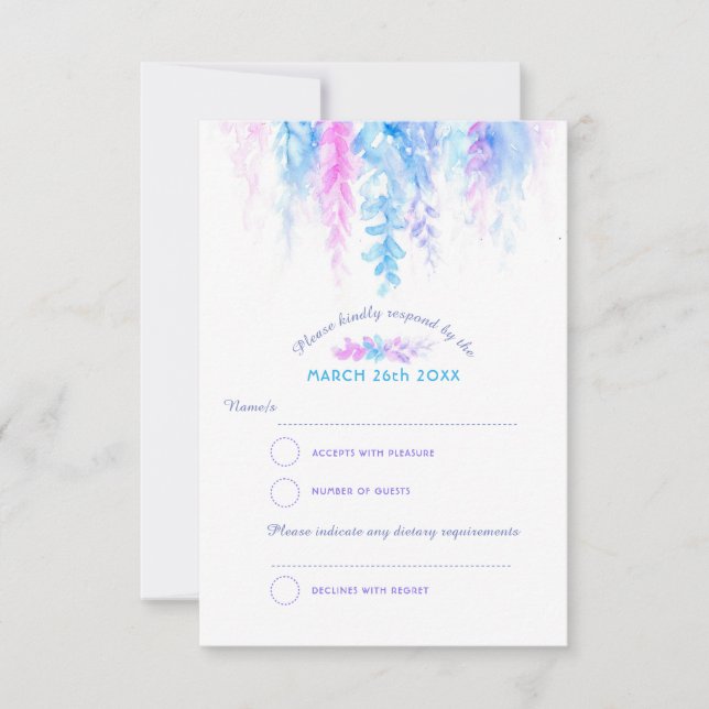 Watercolor cascade blue purple wedding RSVP reply Card (Front)