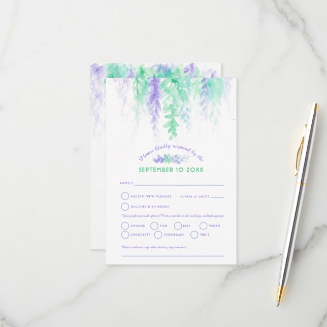Watercolor cascade wedding purple blue green RSVP Card (Front/Back In Situ)