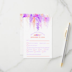 Watercolor cascade wedding purple orange pink RSVP Card
