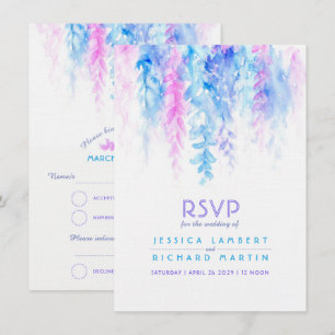 Watercolor cascading blue purple wedding RSVP Invitation