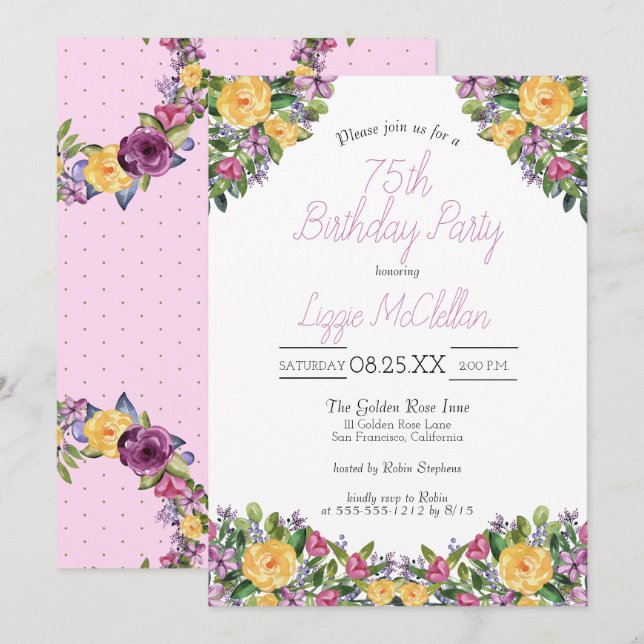 Watercolor Cascading Floral Bouquet Birthday Party Invitation (Front/Back)
