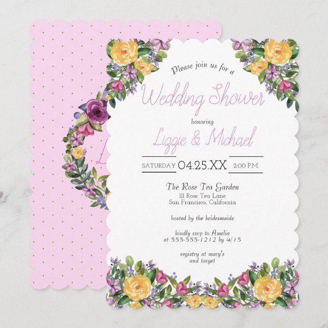Watercolor Cascading Floral Bouquet Wedding Shower Invitation (Front/Back)