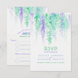 Watercolor cascading green purple wedding RSVP Invitation