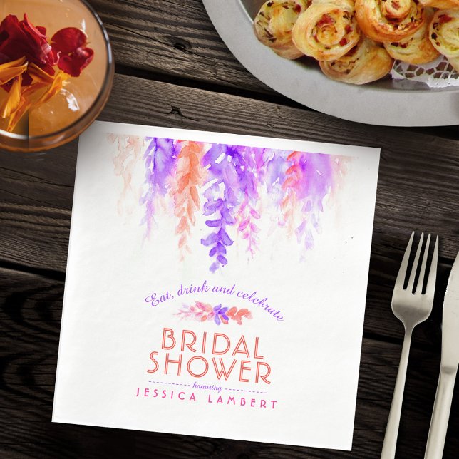 Watercolor cascading purple orange bridal shower napkin (Creator Uploaded)
