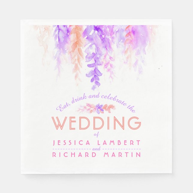 Watercolor cascading purple orange wedding napkins (Front)