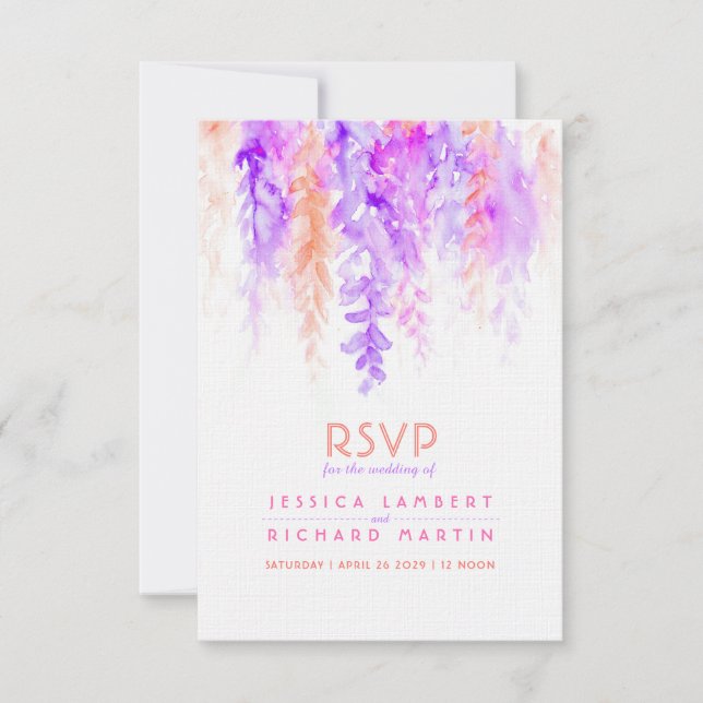 Watercolor cascading purple orange wedding RSVP (Front)
