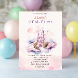 Watercolor Castle Clouds Fairytale Birthday  Invitation