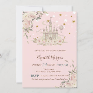 Watercolor Castle,Flowers,Gold Stars Baby Shower Invitation
